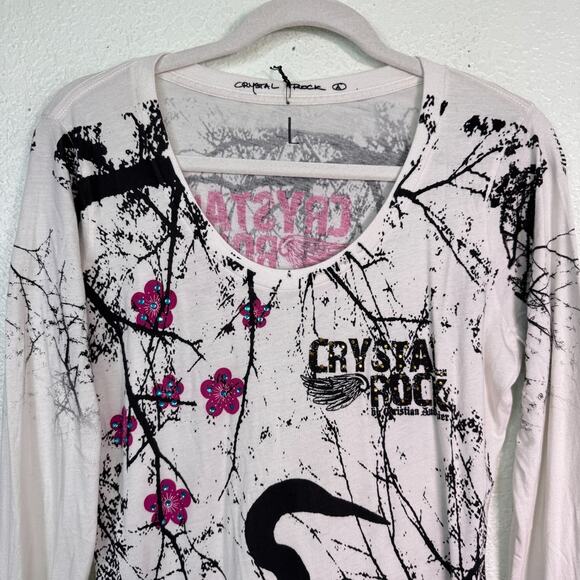 Christian Audigier Crystal Rock Top Womens Large Crane Blossom Y2K Tunic Shirt T - Picture 6 of 13